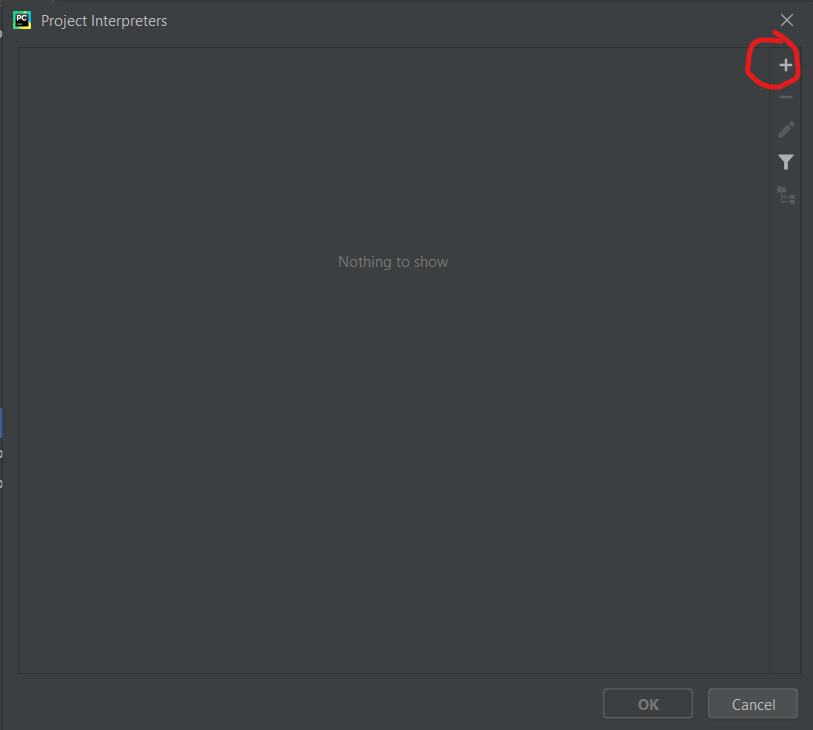 PyCharm Interpreter List, with the plus button in the top right circled