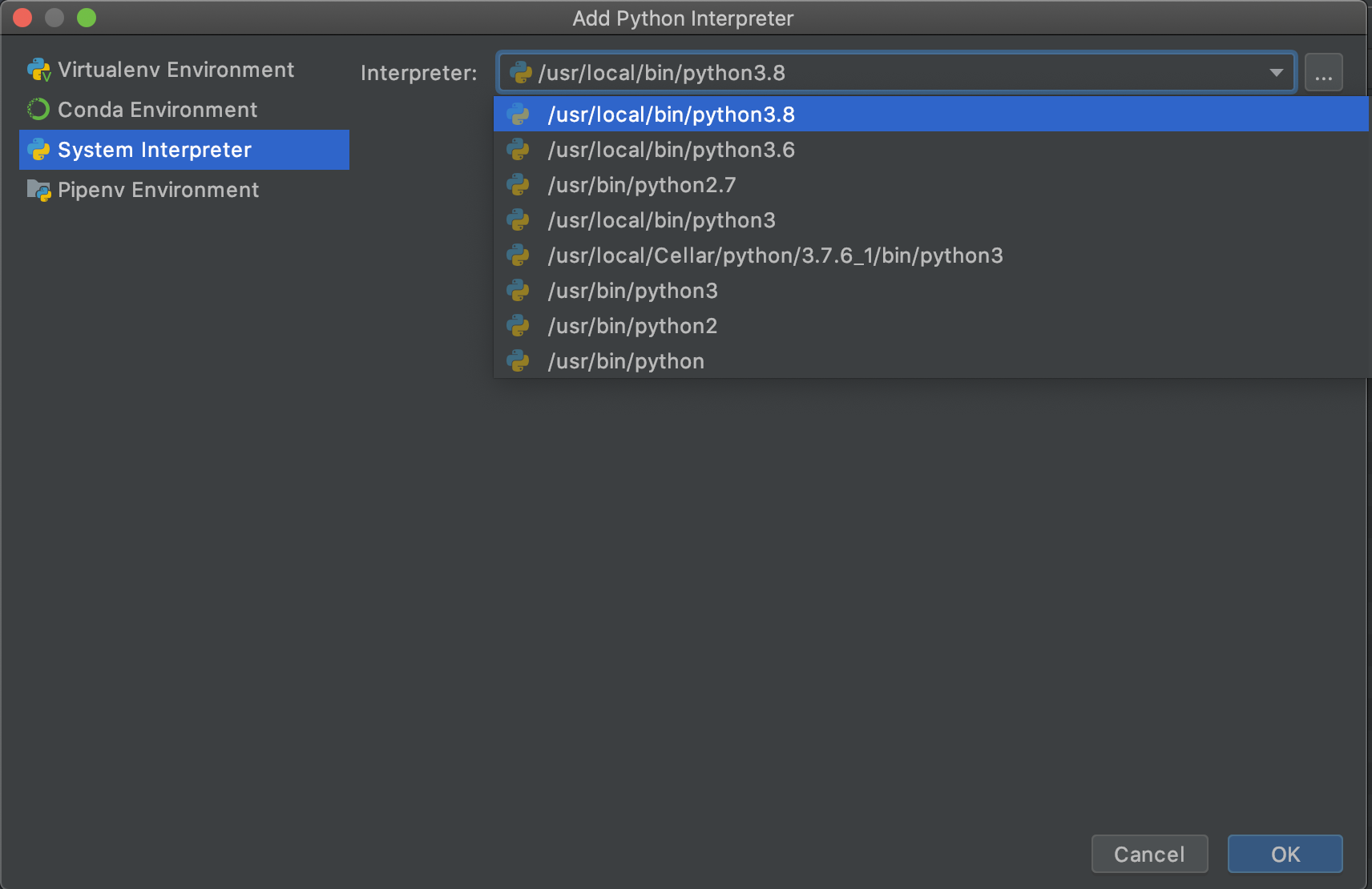 Adding the system interpreter in PyCharm