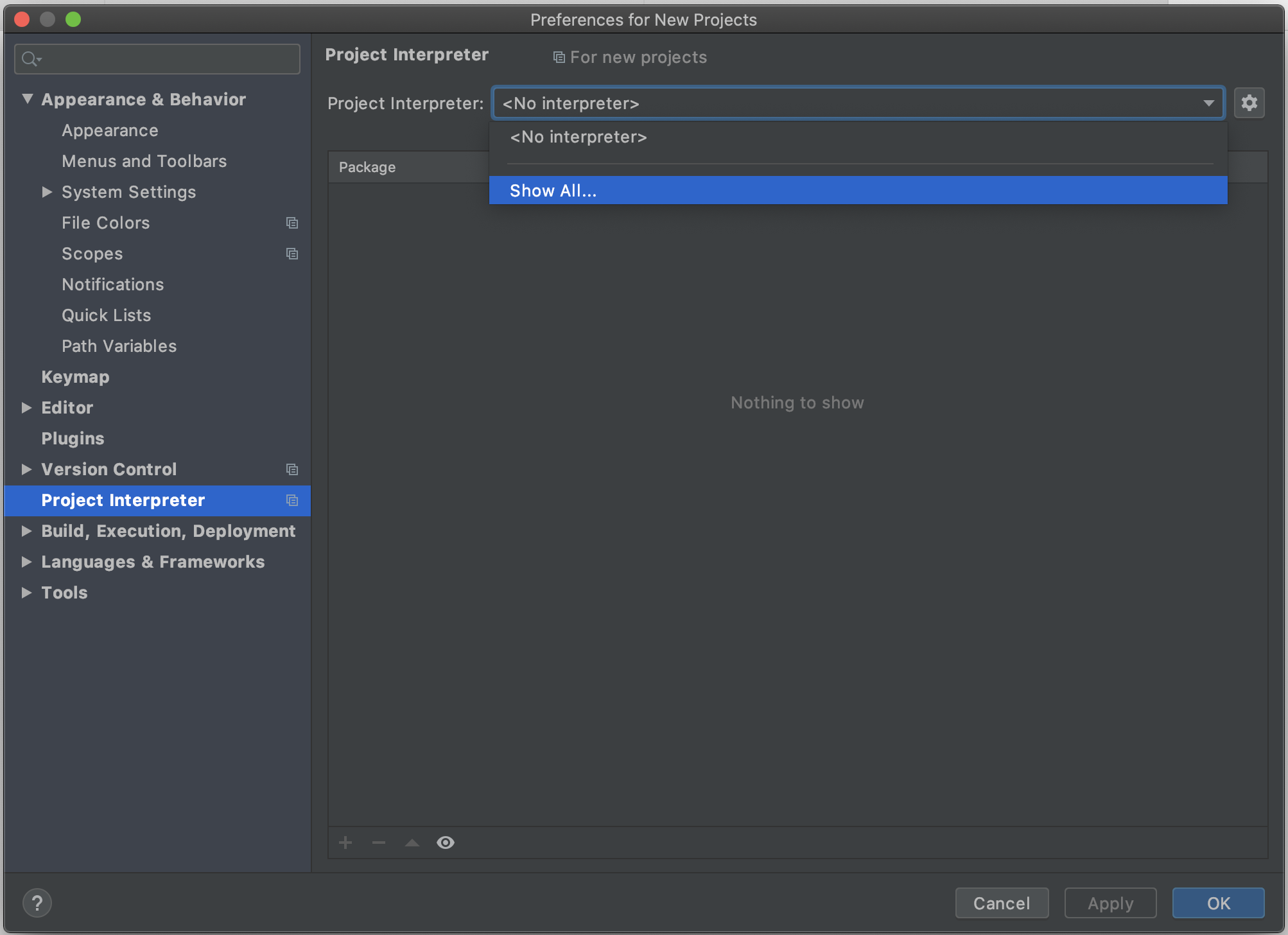 PyCharm Preferences Window, in the 'Project Interpreter' Pane, with 'Show All' highlighted in the dropdown menu