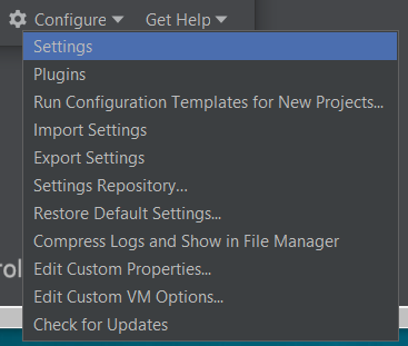 PyCharm Welcome Screen, with 'Configure->Preferences' highlighted