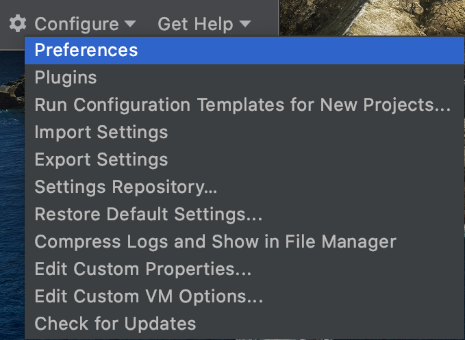 PyCharm Welcome Screen, with 'Configure->Preferences' highlighted