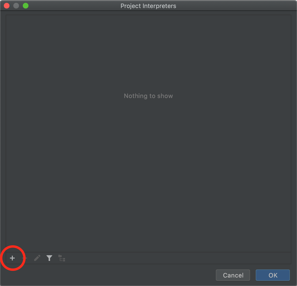 PyCharm Interpreter List, with the plus button in the bottom left circled