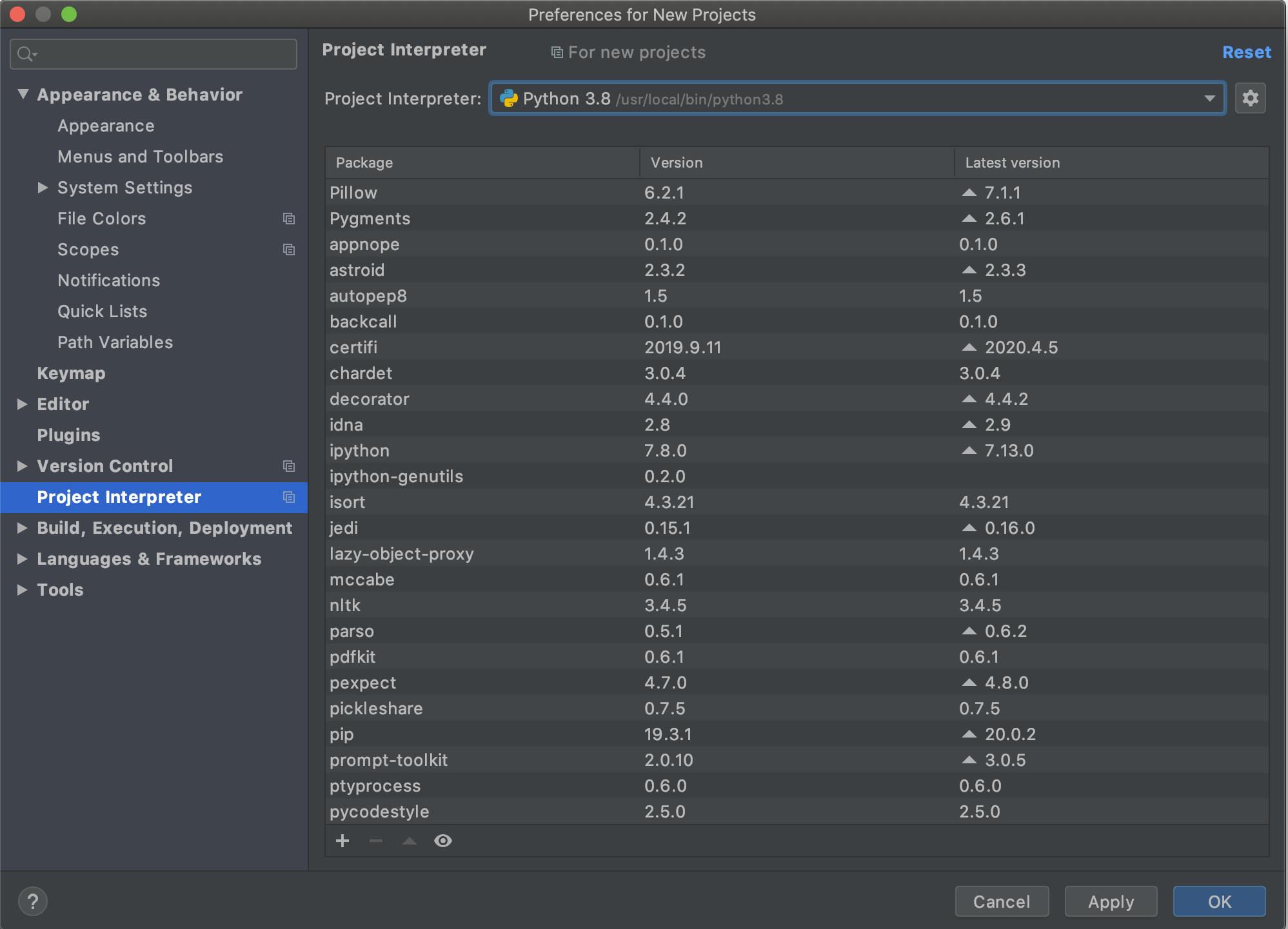 Interpreter window after selecting system interpreter