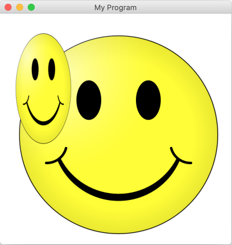 A diagram of a canvas with a full-size smiley drawn at (25, 30) and a smiley that is 100x200 drawn at (25, 30)