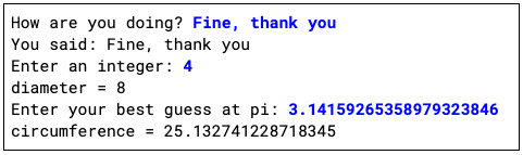 Example output for console input. User inputs 